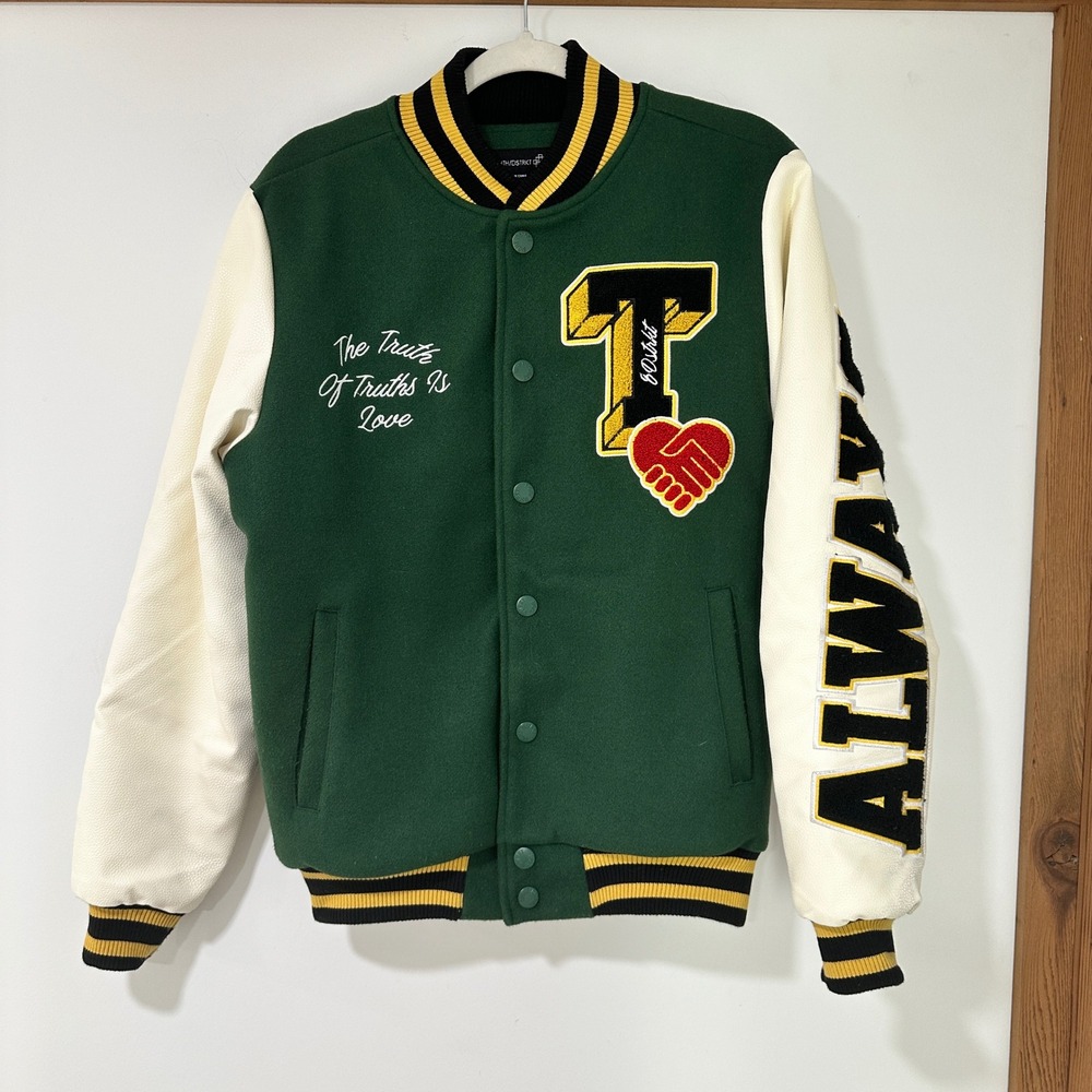 8IGHTH DSTRKT Varsity Jacket Mens Small Green Speak Truth Always Letterman Coat